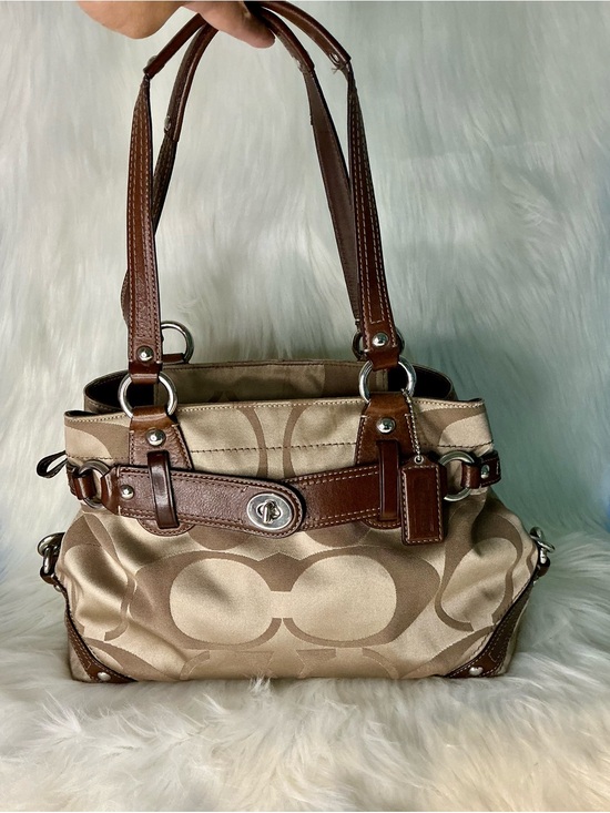 Coach Handbags - Classic Coach Beige CC Signature Satchel with Brown Leather Trim